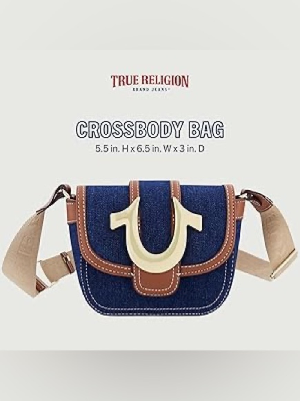 True Religion Denim Crossbody Bag with Brown Trim and Gold Logo NWOT